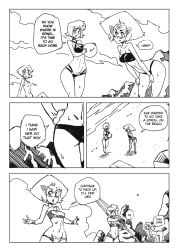 3girls alien_girl beach beach_volleyball bikini black_and_white comic_page doujinshi female_only lapis_lazuli_(steven_universe) mabeelz one-piece_swimsuit pearl_(steven_universe) peridot_(steven_universe) side-tie_bikini steven_universe wide_hips