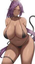 1girls absurd_res bikini black_bikini bleach breasts brown_skin chubby dark-skinned_female dark_skin female female_only hi_res hips huge_breasts jasony long_hair ponytail purple_hair shihouin_yoruichi simple_background solo swimsuit thick_thighs thighs wide_hips yellow_eyes