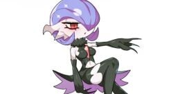 bare_shoulders bare_thighs blush cosplay_gardevoir drunkoak elbow_gloves female female_focus female_only gardevoir long_eyelashes nintendo pokémon_(species) pokemon pokemon_(species) purple_hair red_eyes skirt thighhighs white_background witch