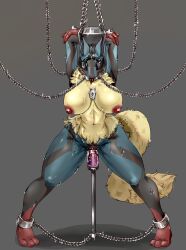 abandonment anthro armpits arms_tied big_breasts blindfold bodily_fluids bondage bound breasts chained_up chains collar curvy_figure dildo female generation_4_pokemon genital_fluids genitals hands_above_head hi_res hlebushekuwu hourglass_figure legs_tied lucario mega_evolution mega_lucario nameless_lucario nintendo nipples one-bar_prison penetration pokemon pokemon_(species) prisoner pussy pussy_juice sex_slave sex_toy slave small_waist solo spread_legs spreading sweat thick_thighs tongue tongue_out vaginal_penetration video_games