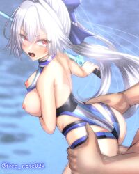 1boy ass back bangs bare_shoulders blue_bow blue_one-piece_swimsuit bow breasts breasts_out censored energy_sword fate/grand_order fate_(series) female free_note017 hair_between_eyes hairbow highleg highleg_swimsuit large_breasts long_hair looking_back mosaic_censoring nipples one-piece_swimsuit open_mouth penis ponytail red_eyes sex sex_from_behind solo_focus standing standing_sex straight swimsuit sword tearing_up thigh_strap thighs tomoe_gozen_(fate) tomoe_gozen_(swimsuit_saber)_(fate) tomoe_gozen_(swimsuit_saber)_(first_ascension)_(fate) two-tone_swimsuit vaginal_penetration weapon white_hair white_one-piece_swimsuit