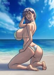 1girls ass beach bikini black_hair bubble_butt derushy green_eyes huge_breasts kneeling long_hair looking_at_viewer original original_character seaside tanned_skin voluptuous