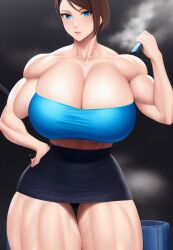 1girls abs ai_generated bare_arms bare_legs bare_midriff bare_shoulders bare_thighs biceps black_skirt blue_tubetop blush capcom cleavage deep_cleavage gigantic_breasts hand_on_hip huge_breasts jill_valentine jill_valentine_(sasha_zotova) large_breasts looking_at_viewer massive_breasts midriff miniskirt muscle muscles muscular muscular_arms muscular_female muscular_legs muscular_thighs resident_evil resident_evil_3 resident_evil_3_remake short_skirt sideboob skirt stable_diffusion strapless tagme thick_thighs tube_top tubetop voluptuous voluptuous_female wide_hips