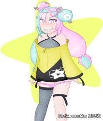 blue_hair blush female female_only gym_leader iono_(pokemon) jacket nekomatic one_stocking panties pink_hair pokemon pokemon_sv sharp_teeth stockings taking_off_panties twintails two_tone_hair