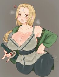 1girls anger_vein bare_shoulders big_breasts blonde_hair blush bottle breasts cleavage clothed clothing doujinpearl female female_only grey_background large_breasts looking_at_viewer naruto naruto_(series) sake sake_bottle simple_background solo solo_female tsunade voluptuous wide_hips