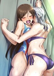 2girls after_kiss anastasia_(idolmaster) bikini blush blushing breast_press brown_hair closed_eyes hair_between_eyes holding_hands idolmaster idolmaster_cinderella_girls locker_room lockers long_hair nitta_minami open_mouth saliva saliva_trail short_hair silver_hair swimsuit tongue wet yuri