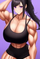 1girls abs ai_generated arms_up bare_arms bare_legs bare_midriff bare_shoulders bare_thighs biceps black_hair black_shorts black_tank_top bra_strap cleavage enen_no_shouboutai fire_force huge_breasts large_breasts looking_at_viewer massive_breasts midriff muscle muscles muscular muscular_arms muscular_female muscular_legs muscular_thighs one_arm_up oze_maki ponytail purple_eyes short_shorts shorts sideboob stable_diffusion tagme tank_top thick_thighs voluptuous voluptuous_female wide_hips