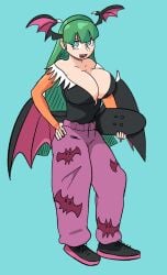 1girls 25circle alternate_costume animal_print bat_print big_breasts blue_eyes breasts capcom cleavage clothing darkstalkers female female_only fur_trim green_hair head_wings huge_breasts large_breasts long_hair morrigan_aensland skateboard succubus succubus_costume succubus_wings wings