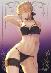 1girls alternate_costume arm_up armpits artoria_pendragon_(fate) ass_visible_through_thighs belly belly_button black_bra black_choker black_panties blonde_female blonde_hair bra breasts bridal_garter choker closed_mouth contrapposto fate/grand_order fate/stay_night fate_(series) female female_focus female_only hair_bun hand_on_own_thigh hi_res high_resolution highres light-skinned_female light_skin lingerie lingerie_bouquet looking_at_viewer mashu_003 medium_breasts navel only_female panties saber saber_alter sidelocks solo solo_female solo_focus stomach underwear underwear_only yellow_eyes