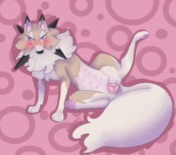 absurd_res anatomically_correct blush canid canine embarrassed female feral fluffy fluffy_tail generation_7_pokemon genitals hi_res interspecies lycanroc mammal nintendo pawpads paws penchantzz pokemon pokemon_(species) pokephilia presenting pussy shy solo video_games zoophilia