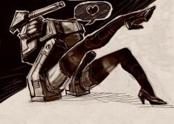 a_weapon_to_surpass_metal_gear dialogue_bubble firearm garter_straps gekko_(metal_gear_solid) heart high_heels kajinman mechanical metal_gear metal_gear_(series) metal_gear_solid metal_gear_solid_v monochrome presenting robot simple_background sketch stockings tagme two_tone_background weapon