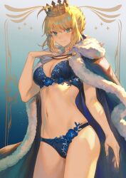 1girls ahoge alternate_costume artoria_pendragon_(fate) bangs belly belly_button blonde_female blonde_hair blue_bra blue_panties blush blush_lines blushing blushing_at_viewer bra breasts cleavage closed_mouth crown fate/grand_order fate_(series) female female_focus female_only flower_bra flower_panties fur_trim green_eyes hand_on_own_chest hi_res high_resolution highres light_skin lingerie lingerie_bouquet lipstick looking_at_viewer mashu_003 medium_hair navel only_female panties saber shiny shiny_clothes shiny_hair sidelocks small_breasts smile solo solo_female solo_focus stomach thighs underwear_only