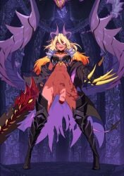 1futa abs beth_(guardian_tales) blonde blonde_futa blonde_futanari blonde_hair boots cape castle dark_magician_beth_(guardian_tales) demon demon_girl dragon_claw dragon_hand futanari glowing_eyes guardian_tales looking_at_viewer looking_down looking_down_at_viewer no_panties pantsless purple_cape purple_eyes purple_horns scars scars_all_over sword tagme tagme_(hat) the_one_piece_is_real