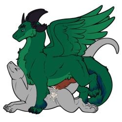 blue_eyes bodily_fluids cum dragon feathered_wings feathers feral fur genital_fluids genitals green_body horn knot male penis symrea telegram_sticker wings