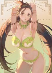 1girls alternate_costume armpits arms_behind_head arms_up bare_shoulders belly belly_button big_breasts bra breasts brown_eyes brown_hair cleavage collarbone facial_mark fate/grand_order fate_(series) female female_focus female_only forehead forehead_mark green_bra green_panties grin grinning grinning_at_viewer hi_res high_resolution highres himiko_(fate) jewelry large_breasts light-skinned_female light_skin lingerie long_hair looking_at_viewer low_twintails magatama magatama_necklace mashu_003 navel necklace only_female panties parted_lips shiny shiny_hair smile smiling smiling_at_viewer solo solo_female solo_focus stomach teeth thighs topknot twintails underwear underwear_only