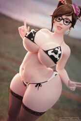 1girls 3d 3d_(artwork) alternate_version_available big_breasts bikini bikini_bottom bikini_top black_nails breasts brown_eyes brown_hair cleavage cow_print cow_print_bikini earrings eyewear female female_only fingernails glasses hair hair_ornament huge_breasts lace lace-trimmed_thighhighs legwear lips mei_(overwatch) nail_polish overwatch shadowboxer smile solo solo_female swimsuit swimwear thighhighs thighs white_nails