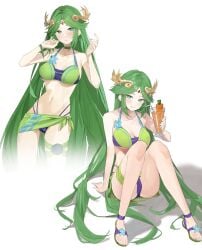 1girls absurdres alternate_costume ass bangs bikini blush breasts carrot choker cleavage cosplay crossover cup drinking_glass drinking_straw eunie_(xenoblade) eunie_(xenoblade)_(cosplay) female female_only flower glass green_bikini green_eyes green_hair green_swimsuit highres holding holding_cup jewelry kid_icarus kid_icarus_uprising large_breasts laurel_crown long_hair looking_at_viewer mia_cbx midriff milf multicolored_bikini multicolored_swimsuit navel necklace nintendo palutena purple_bikini purple_swimsuit sandals sarong simple_background sitting smile solo standing stomach straw swimsuit thigh_strap thighs tiara toeless_footwear toes underboob very_long_hair xenoblade_(series) xenoblade_chronicles_3