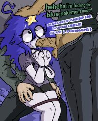 1girls 2boys accurate_art_style black_shorts blowjob blue_blush blue_hair blue_tongue blush chillsy_star dialogue embarrassed english_text eyebrows_visible_through_hair eyelashes eyelashes_visible_through_hair eyes_visible_through_hair face_fucking flat_chest green_eyes green_shirt groping groping_from_behind hair_ornament hand_on_thigh hand_on_thighs large_penis looking_at_another looking_up pants pants_down rape sitting_on_bed sitting_on_lap smooth_skin star_on_head t-shirt tan_skinned_male thick_thighs thigh_squish tied_up tongue tongue_out veiny_penis white_body wide_eyed