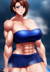 1girls abs ai_generated bare_arms bare_legs bare_midriff bare_shoulders bare_thighs biceps blue_eyes blue_skirt blue_tubetop blush brown_hair capcom cleavage huge_breasts jill_valentine jill_valentine_(sasha_zotova) large_breasts looking_at_viewer massive_breasts midriff miniskirt muscle muscles muscular muscular_arms muscular_female muscular_legs muscular_thighs resident_evil resident_evil_3 resident_evil_3_remake short_hair short_skirt sideboob skirt stable_diffusion steam steaming_body sweat tagme thick_thighs tube_top tubetop voluptuous voluptuous_female wide_hips