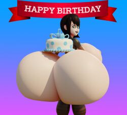 1girls 3d birthday birthday_cake black_hair black_lipstick blender blue_eyes female female_only goth goth_girl hotel_transylvania huge_ass huge_breasts hyper hyper_ass light-skinned_female looking_at_viewer mavis_dracula shocking_(artist) smiling_at_viewer tagme vampire