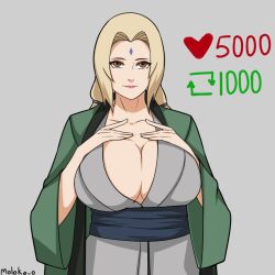 1girls alternate_version_available big_breasts blonde_hair breasts brown_eyes cleavage clothing female female_only forehead_jewel hair huge_breasts like_icon lips mature mature_female mature_woman moloko_o naruto naruto_(series) retweet_icon robe solo solo_female tsunade