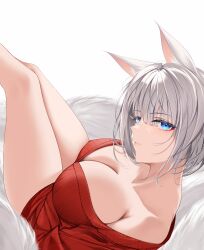 azur_lane blue_eyes cleavage exposed_thighs fox_ears fox_girl fox_tail fox_tails kaga_(azur_lane) large_breasts looking_at_viewer lying makeup red_eyeliner red_sweater short_hair simple_background sweater white_background white_hair white_skin xi_ying