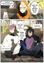 2boys black_hair blonde_hair blue_eyes comic couch cup english_text food gay hood indie_virtual_youtuber korean_text male male_focus male_only male_with_painted_nails momotexx_(artist) momotexx_(vtuber) multicolored_hair multiple_boys nijisanji nijisanji_en open_mouth pants purple_hair rule_63 scarredheartcomic shirt shoto shoto_(vtuber) sitting speech_bubble uki_violeta virtual_youtuber vyugen white_hair yaoi