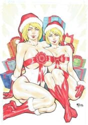 2girls christmas dc dc_comics ed_benes_studio fred_benes functionally_nude functionally_nude_female kara_danvers kara_zor-el kara_zor-l karen_starr pinup power_girl supergirl superheroine superman_(series)