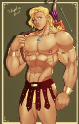 1boy 7angelm abs apollo_(mythology) arm_band bara belt big_pecs blonde_hair blue_eyes bow_and_arrow bracelet bracelets brown_background bulge gay gold_bracelets gold_necklace greek_mythology human human_only looking_at_viewer male male_chest male_focus male_only muscles muscular muscular_male necklace nipples pecs pectorals pinup red_belt shirtless six_pack solo solo_focus solo_male standing underwear underwear_only yellow_underwear