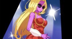 big_lips black_eyes blonde_hair dress drunkoak generation_1_pokemon jynx large_breasts nintendo pink_skin pokémon_(species) pokemon pokemon_(species) red_dress skinny slender slender_waist