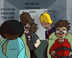 4boys axel_chains bangs bangs_over_eyes benatar blonde_hair blush blushing brown_hair dark-skinned_male dark_skin deejay_(yfm) ebi_spaghetti glasses male male_only one_eye_closed peeing puff_puff_humbert sweat sweatdrop urine your_favorite_martian