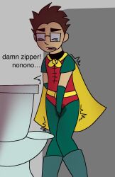 1boy about_to_cry black_eyebrows brown_hair cussing ebi_spaghetti green_gloves green_pants green_sleeves holding_crotch_in_pain male peeing peeing_self puff_puff_humbert shaking solo spiky_hair square_glasses toilet yellow_cape your_favorite_martian