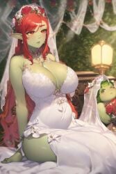 1girls ai_generated big_breasts bridal_veil bride cleavage early_pregnancy earrings female female_focus flower_crown flower_in_hair goblin goblin_female green-skinned_female green_skin huge_breasts jewelry lace long_ears long_hair monster monster_girl nai_diffusion orange_eyes orc orc_female pointy_ears pregnant red_hair sitting solo_focus stable_diffusion tagme veil very_long_hair wedding wedding_dress