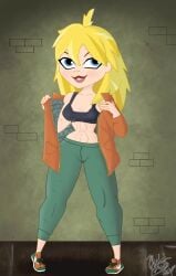 1girls abs big_ass blonde_hair blue_eyes cosplay crashicbros12 crossover dc dc_comics dc_super_hero_girls dorohedoro female female_only fully_clothed jacket kara_danvers kara_zor-el large_hips long_hair medium_breasts messy_hair nikaido smiling_at_viewer solo solo_female sports_bra thick_thighs toned_female