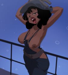 1girls alternate_version_available areolae armpits arms_behind_head atlantis:_the_lost_empire audrey_ramirez big_breasts black_hair coolerinker dark-skinned_female dark_skin disney exposed_breasts female female_focus female_only inker_comics inkershike long_hair looking_at_viewer naked naked_overalls nipples open_mouth overalls