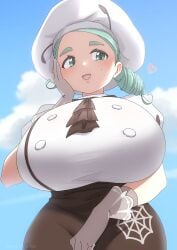 1girls big_breasts bottomwear breast_focus breasts clothing female female_only game_freak hair hat headwear heart huge_breasts ikutomi_pizza katy_(pokemon) large_breasts lips mole mole_under_eye pokemon pokemon_sv smile solo solo_female teal_eyes teal_hair topwear