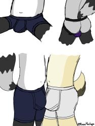 absurd_res anthro ass balls biped bovid boxer_briefs boxers_(clothing) boxers_only bulge bulge_frottage caprine clothed clothing digital_media_(artwork) duo frottage fur genitals goat grey_body grey_fur hair hi_res jockstrap jockstrap_only male male/male mammal markings navel nub_tail procyonid raccoon ring_(marking) ringtail roquemapache roquemapache_(artist) sex signature simple_background tail_markings text topless underwear underwear_only white_body xipe_totec_(roquemapache)