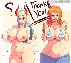 2girls alternate_version_available areolae big_breast big_breasts bikini blue_hair blush breast breasts brown_eyes busty curvy curvy_body curvy_female curvy_figure curvy_hips ear_piercing earrings female female_only gradient_hair hi_res highres hoop_earrings horned_humanoid horns huge humanoid jeans large_breast light-skinned_female light_skin long_hair looking_at_viewer looking_down massive_breasts milf multicolored_hair multiple_girls musaed_art naked naked_female nami navel nipples nude nude_female one_piece oni oni_female oni_horns open_mouth orange_hair post-timeskip pussy pussy_peek simple_background surprised surprised_expression surprised_face two_tone_hair voluptuous white_hair wide_hips yamato_(one_piece) youkai