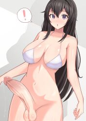 ! 1futa balls big_breasts big_penis bikini_top black_hair bottomless breasts clothed clothing erect_nipples erection futa_only futanari human light-skinned_futanari light_skin long_hair mostly_nude penis precum precum_drip purple_eyes solo solo_futa standing testicles yoshiwo_senpai