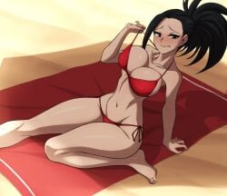 1girls beach beach_towel bikini bikini_pull bikini_strings black_eyes black_hair blush breasts cleavage clenched_teeth embarrassed female_only high_ponytail huge_breasts looking_at_viewer medium_hair momo_yaoyorozu my_hero_academia nervous outdoors patrickdja ponytail pulling_bikini_string red_bikini red_swimsuit sitting swimsuit thick_thighs thighs wide_hips