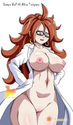 1girls android_21 android_21_(human) big_breasts breasts dragon_ball dragon_ball_fighterz dragon_ball_super dragon_ball_super_super_hero dragon_ball_z glasses labcoat metamine10 milf partially_clothed pussy red_hair smile vomi_(dragon_ball)