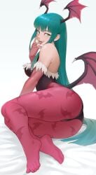 1girls arm_gloves ass bat_print bent_legs capcom cheshirrr clothing darkstalkers demon_wings female female_only finger_in_mouth green_eyes green_hair head_wings hi_res leotard licking_finger long_hair looking_at_viewer mole mole_under_eye morrigan_aensland on_side pantyhose pink_pantyhose small_breasts smiling smiling_at_viewer solo succubus thick_thighs voluptuous white_background wings