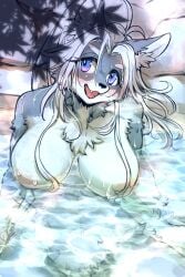 anthro bathing big_breasts blush breasts canid canine canis chest_tuft digital_media_(artwork) female female_anthro fur grey_body grey_fur hair hi_res hot_spring inverted_nipples kemono long_hair looking_at_viewer mammal nipples nude okami_bark ookamiwaho open_mouth outside partially_submerged pubes smile solo teeth tongue tuft water wet white_body white_fur white_hair wolf