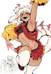 1boy athletic_male cheerleader doppel dragon femboy fit horn male_focus male_only midriff original pointy_ears pom_poms ponytail ruby_(nox) skirt solo_focus solo_male sweat tagme tail thighhighs trap white_hair