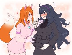 animal_ears blush female female_only flirting fox_girl fox_tail freckles hand_on_belly hex_maniac kemonomimi misscherrylle nurse nurse_uniform original_character pokemon pregnant rubber_gloves yuri