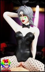 bunny_ears bunny_girl bunnysuit clown clown_girl clown_makeup clussy cowgirl_position gray_hair mariam_zahh mrmcpizza ripped_clothing white_skin