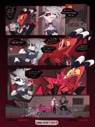 blitzo_(helluva_boss) car clothing collar comic detailed_background driving english_text female hellhound helluva_boss loona_(helluva_boss) loonanudes male page_3 speech_bubble text thigh_highs thighhighs verosika_mayday_(helluva_boss) vortex_(helluva_boss)