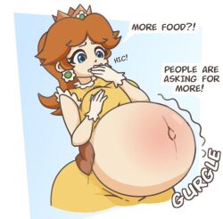 big_belly big_breasts brown_hair dress english_text mario_(series) princess_daisy ripped_clothing steely_bird stuffed stuffed_belly text