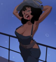 1girls alternate_version_available armpits arms_behind_head atlantis:_the_lost_empire audrey_ramirez big_breasts black_hair cleavage coolerinker dark-skinned_female dark_skin disney female female_focus female_only inker_comics inkershike long_hair looking_at_viewer naked naked_overalls open_mouth