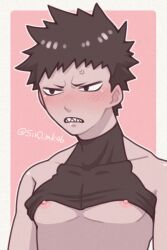 aged_down anger_vein angry annoyed black_hair blush clenched_teeth embarrassed grey_skin male male_only momochi_zabuza murasaking09 naruto naruto_(classic) nipple_slip nipples sharp_teeth shirt_up solo spiky_hair upper_body